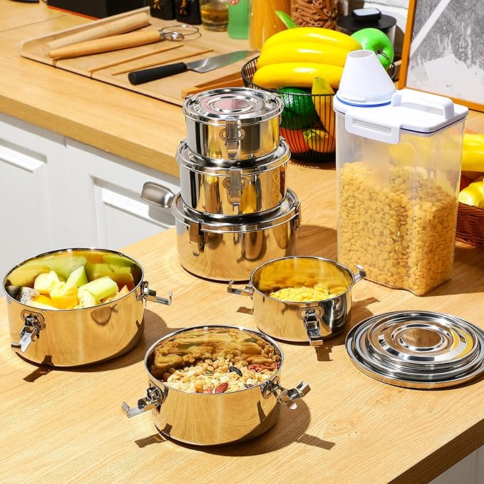 Zopeal 6 Pcs Stainless Steel Food Storage Containers with Lid Bento Lunch Boxes Reusable Metal Flat Canisters for Camping Trips Picnic Snacks Soups Salads Leftovers, 3 Sizes (22oz, 34oz, 54oz)