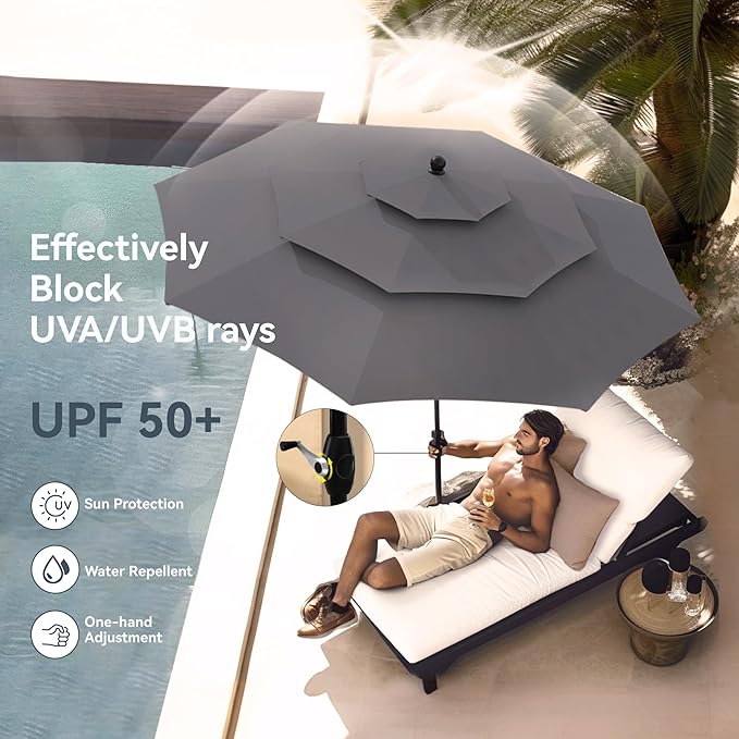 PHI VILLA 10ft Outdoor Patio Umbrellas for Outside, 3 Tier Vented Market Table Umbrella Windproof for Backyard, Deck, Garden, 1.5" Pole, Grey(No Base)
