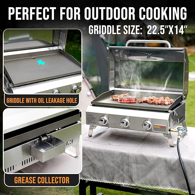 Tabletop Gas Griddle with Foldable Legs, Portable 3-Burner Propane Gas Flat Top Grill Griddle for Outdoor Cooking Patio Barbecue Camping Tailgating RV BBQ, Stainless Steel, #GS309