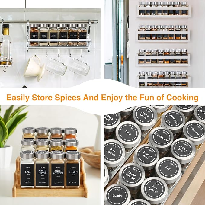 12 Pcs Glass Spice Jars with Label, 4oz Spice Jars with Lids, Seasoning containers Set, Comes with spice bottle caps, Silicone Collapsible Funnel,chalk, for Spice Rack, Cabinet, Drawer