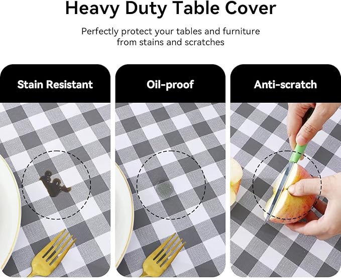 Romanstile Rectangle Vinyl PVC Tablecloth, 100% Waterproof Buffalo Plaid Plastic Table Cloth, Oil Proof Heavy Duty Wipeable Table Covers for Dining/Camping/Picnic/Outdoor - 54 x 108, Grey and White