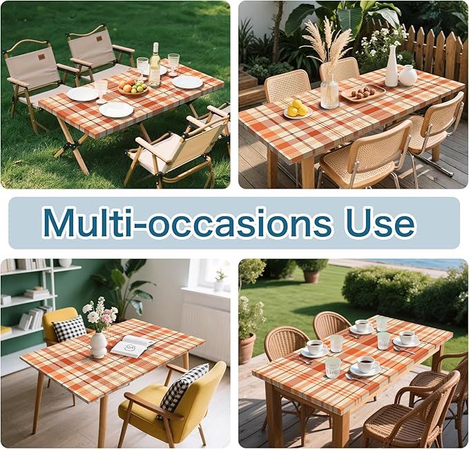 Orange Picnic Table Cover with Bench Covers, 3 Pcs Waterproof Elastic Picnic Table Cover Fall Outdoor Camping Essentials, Windproof Fitted Tablecloth for Indoor Outdoor (Plaid, 72X30 Inch)