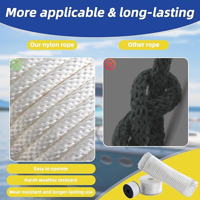 White Nylon Rope 3/8inch 100ft Braided Multi-Purpose Ropes for Outdoor&Indoor Heavy Duty for Camping, Boat, Garden, Clothesline, Marine, Soft & Flexible, High Tensile Strength
