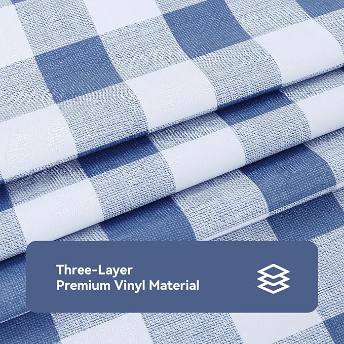 Romanstile Rectangle Plastic Tablecloth, 100% Waterproof Oil-Proof Checkered PVC Table Cloth, Heavy Duty Vinyl Table Cover for Dining, Camping, Picnic, Outdoor - 54 x 108 Inch, Light Blue and White