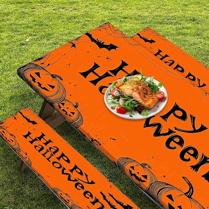 CAPSCEOLL Fitted Picnic Table Cover with Bench Covers with Elastic 8Ft Waterproof Picnic Table Cloths Windproof Outdoor Camping Tablecloth with Drawstring Bag, 96X30in, Happy Halloween