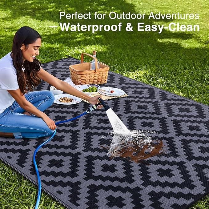 OLANLY Waterproof Outdoor Rug 9x12 ft, Outdoor Plastic Straw Rug for Camping, RV Mat Outside, Indoor Outdoor Carpet for Porch, Deck, Backyard, Balcony, Picnic, Black & Grey