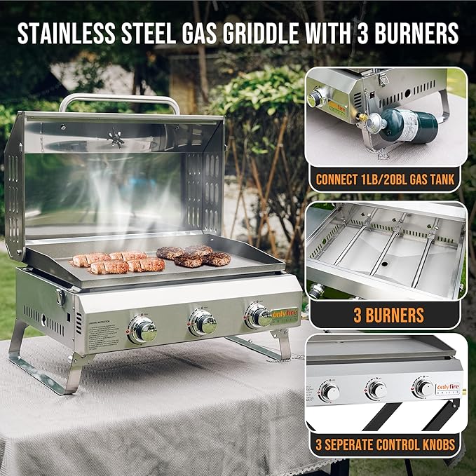 Tabletop Gas Griddle with Foldable Legs, Portable 3-Burner Propane Gas Flat Top Grill Griddle for Outdoor Cooking Patio Barbecue Camping Tailgating RV BBQ, Stainless Steel, #GS309