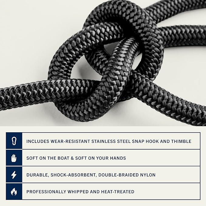 RainierSupplyCo Boat Anchor Rope - Double Braided Marine Rope Anchor Line - 50ft Nylon Boating Line with 316 Stainless Steel Thimble and Heavy Duty Marine Grade