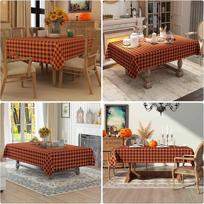 misaya Rectangle Waterproof Vinyl Table Cloth, Buffalo Flannel Backed Tablecloth, Wipeable Plastic Table Cover for Dinner, Kitchen, Picnic (60" x 120", Orange and Black)