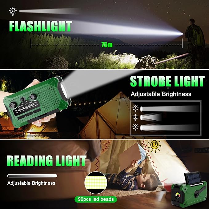 10000mAh Emergency Hand Crank Radio with LED Flashlight, AM/FM NOAA Portable Weather Alert Radio, Solar Powered Radio with Phone Charger, USB Charged, Headphone Jack, SOS Alarm, Compass for Outdoors