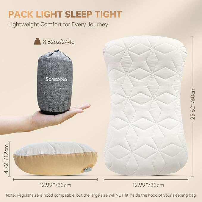 Inflatable Camping Travel Pillow, Lightweight Backpacking & Hiking Pillow with Removable Cover, Washable for Neck Lumbar Support