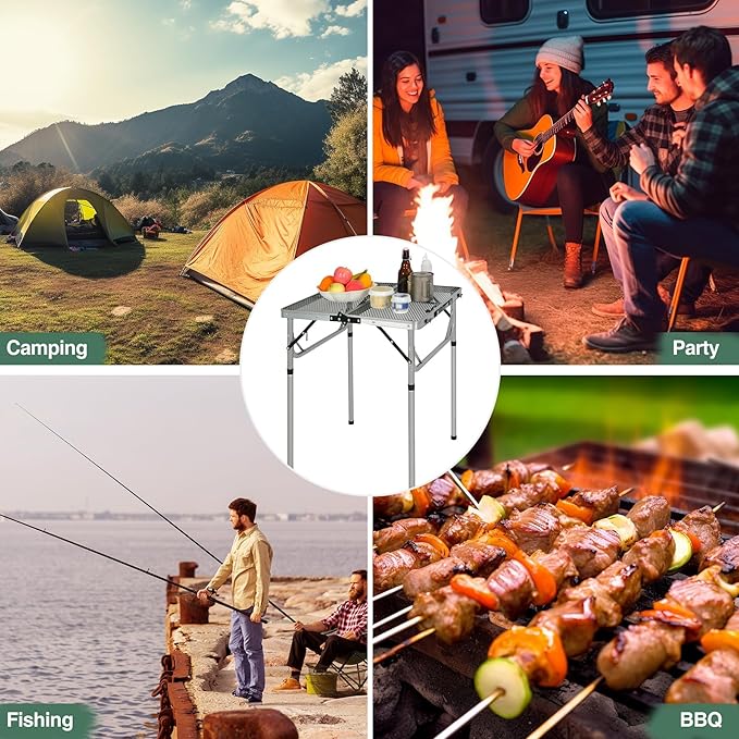 RedSwing Portable Grill Table for Outside, Aluminum Folding Grill Stand Table for Outdoor Camping Picnic BBQ, Lightweight Adjustable Height, 24"x24"x9.8"/27" Sliver