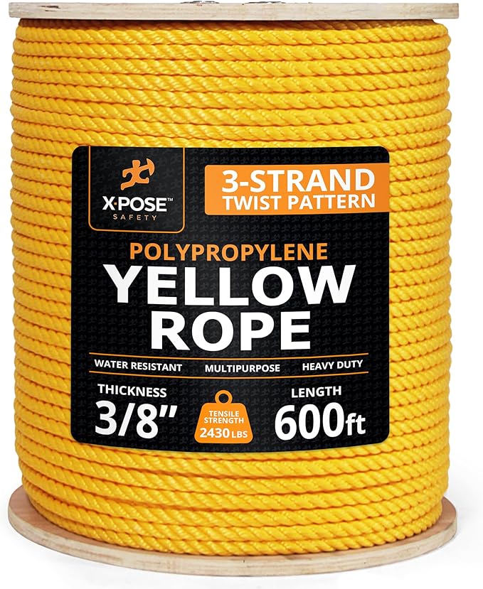 Yellow Twisted Polypropylene Rope, 3/8" Thickness x 600' Length Heavy Duty Poly Ropes for Outdoor and Marine Use, Yellow Rope for Visibility & Safety