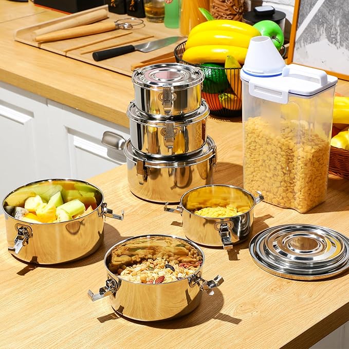 Zopeal 6 Pcs Stainless Steel Food Storage Containers with Lid Bento Lunch Boxes Reusable Metal Flat Canisters for Camping Trips Picnic Snacks Soups Salads Leftovers, 3 Sizes (54oz, 74oz, 101oz)