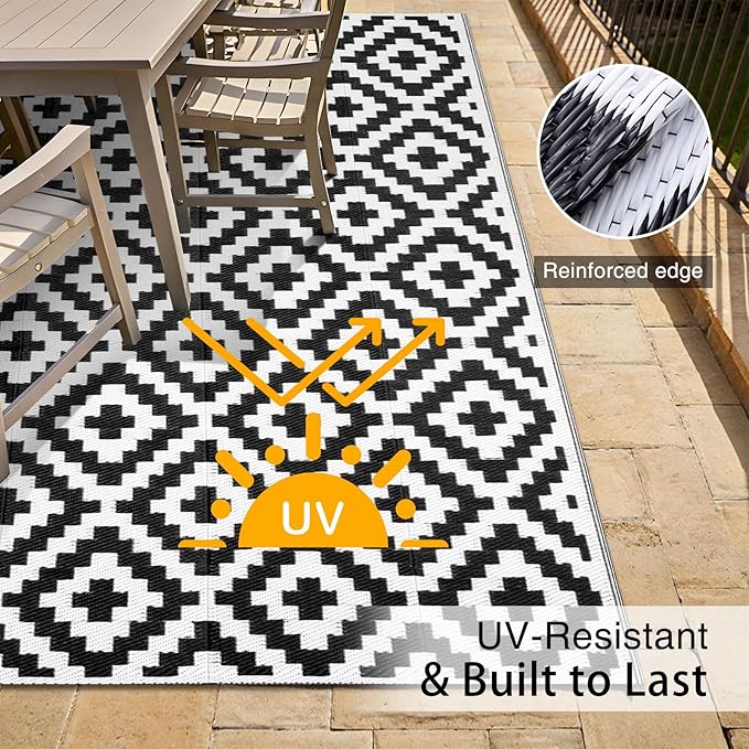 OLANLY Waterproof Outdoor Rug 5x8 ft, Outdoor Plastic Straw Rug for Camping, RV Mat Outside, Indoor Outdoor Carpet for Porch, Deck, Backyard, Balcony, Picnic, Black & White