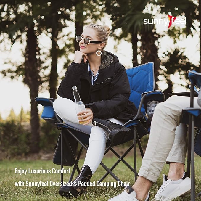 SUNNYFEEL Oversized Folding Camping Chair 500 LBS Heavy Duty Lawn Chairs with Blue Portable Folding with Armrest, Cup Holder, Pocket &Bag for Outdoor Camping/Beach/Travel/Picnic/Fishing