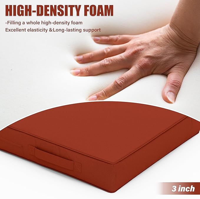 Patio Chair Cushions 17 X 16 X 3 Inch Waterproof Outdoor Seat Cushions for Patio Furniture, Outdoor Sofa Couch Pads with Ties & Handle, Set of 2, Terra Red