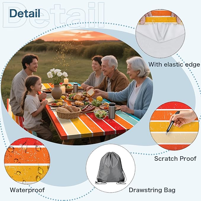 Orange Picnic Table Cover with Bench Covers, 3 Pcs Waterproof Elastic Picnic Table Cover Outdoor Camping Essentials, Windproof Fitted Tablecloth for Camping, Indoor, Outdoor (Striped, 60X30 Inch)