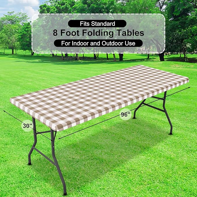 misaya Buffalo Rectangle Picnic Tablecloth, 8 Foot Elastic Fitted Vinyl Table Cloth with Flannel Backing, Waterproof Plaid Table Covers for Dining, Camping, Outdoor (Khaki and White, 30" x 96")