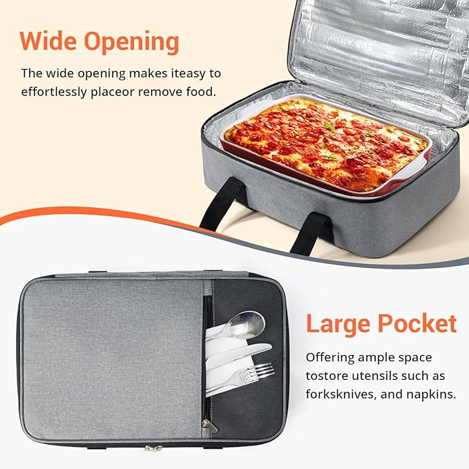 Insulated Casserole Carrier for Hot or Cold Food,Pie Carrier Bag Lunch Tote for Potluck Parties/Picnic/Cookouts, Fits 9"x13" Baking Dish,Single Grey