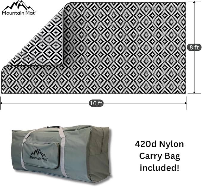 8x16 Black & Gray RV Mat with Carry Bag – Extra Thick 5mm Recycled Poly Rug – Waterproof, Reversible, Heavy-Duty – Premium Outdoor Rug for Campsite, Patio, Beach (8' x 16', Black)