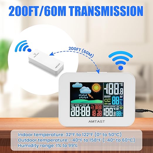 110V 60Hz Wireless Weather Forecast Station Temperature Humidity Meter with Durable Weather-Resistant Remote Sensor