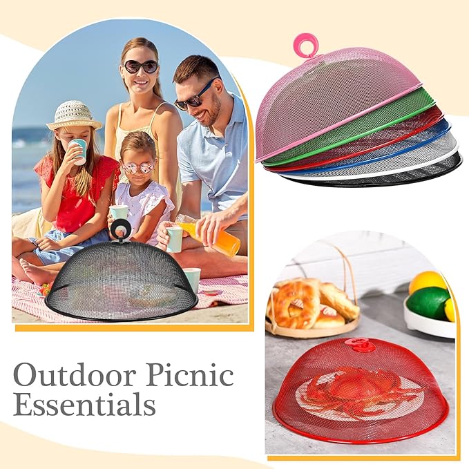 Gerrii 6 Pcs Metal Mesh Food Cover Outdoor Mesh Food Tents Dome Screen Plate Covers for Dinner Plates Reusable Fruit Fly Nets Picnic Food Umbrella for Table, BBQ, Camping, Party (Multicolor,11 Inch)