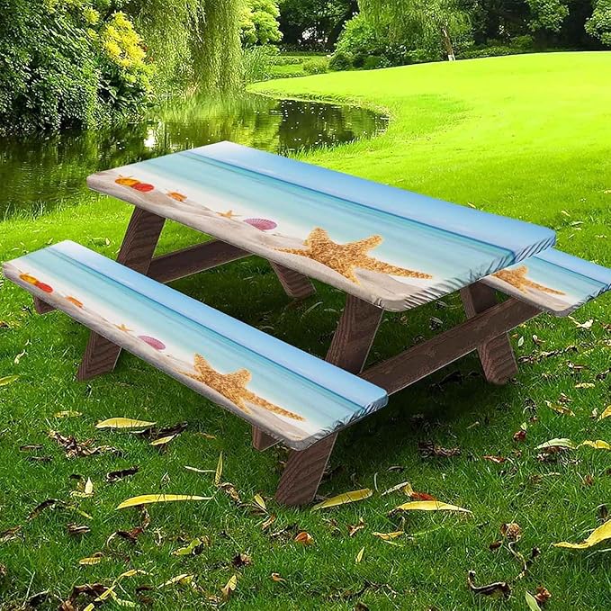 CAPSCEOLL Picnic Table Cover with Bench Covers 8Ft Waterproof Camping Tablecloth All-Weather Outdoor Table Protector with Drawstring Bag for Camping Essentials, 96X30In, Sea Beach