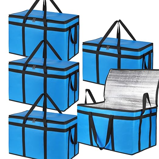 Bodaon 5-Pack Cooler Insulated Food Delivery Bag for Doordash/Uber Eats, XXX-Large Thermal Bags for Catering/Hot Pizza, Travel/Camping/Picnic Basket,Grocery Reusable Warmer and Frozen, Blue-Black Edge