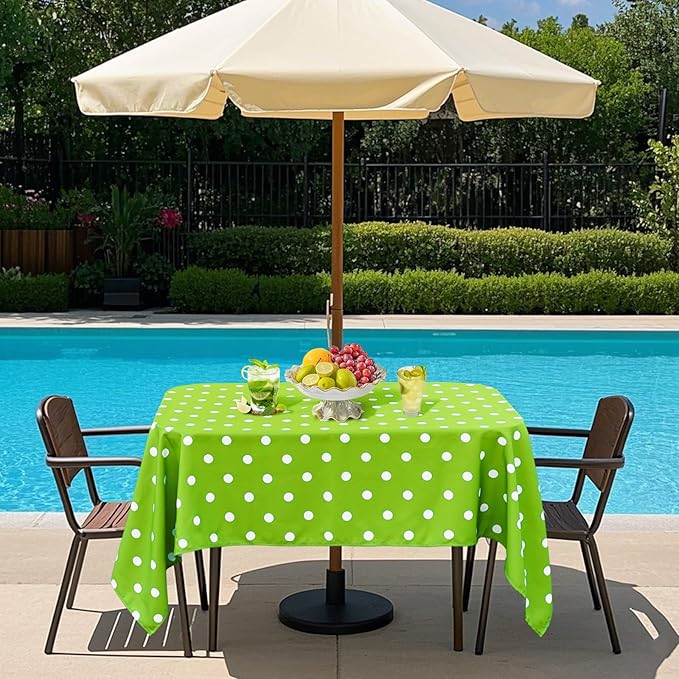 Poise3EHome 60X84 Outdoor/Indoor Waterproof Spillproof Rectangle Tablecloth with Umbrella Hole Zipper for Camping Picnic Party Patio Table Spring, Green Polka Dot