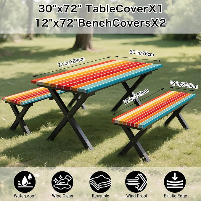 Orange Picnic Table Cover with Bench Covers, 3 Pcs Waterproof Elastic Picnic Table Cover Outdoor Camping Essentials, Windproof Fitted Tablecloth for Camping, Indoor, Outdoor (Striped, 60X30 Inch)