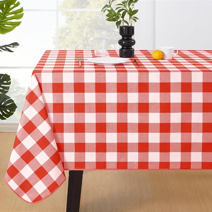 MOSAYT Rectangle Vinyl Tablecloth, 100% Waterproof Buffalo Gingham Plastic Table Cloth, Heavy Duty Wipeable Table Covers for Picnic, Outdoor, Camping - 54 x 120, Red