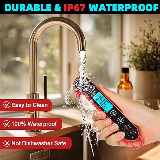 Digital Meat Thermometer for Cooking – Waterproof Instant Read Food Thermometer with Backlight & Calibration, Fast Read, Folding Probe for BBQ, Grill, Candy, Deep Fry, Kitchen, Liquids, Beef(Red)