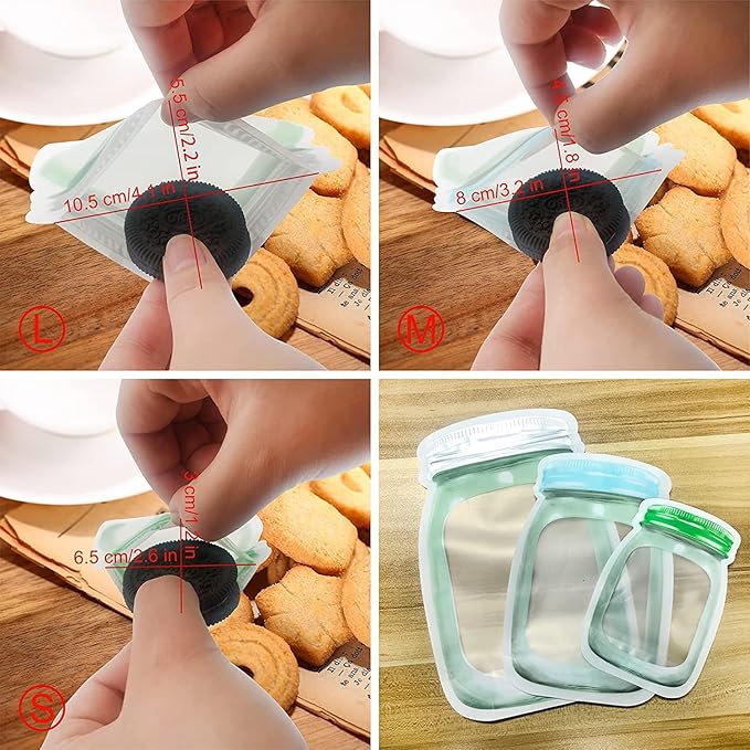 Enkrio 40 Pcs Reusable Mason Jar Zipper Bags Airtight Food Storage Freezer Snack Bags for Kitchen Travel Camping (8S 12M 20L)