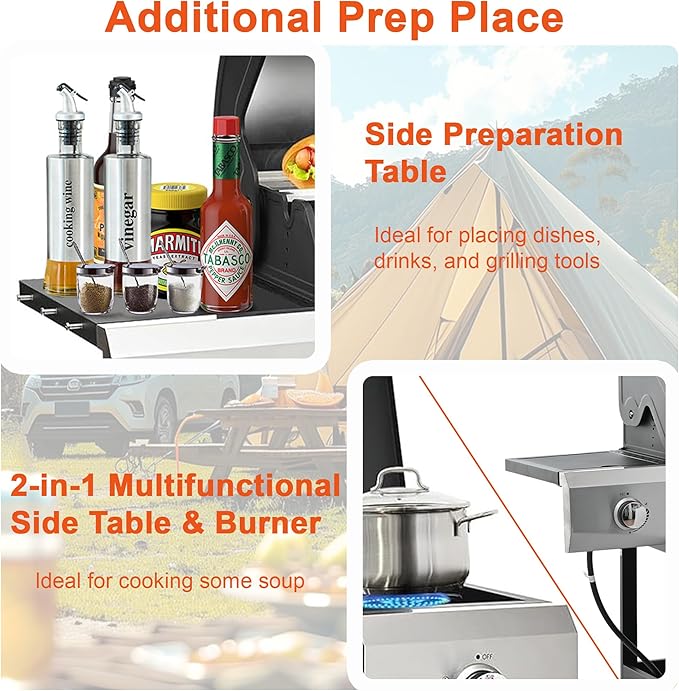 3-Burner BBQ Propane Gas Grill with Side Burner, 40,500 BTU Stainless Steel Patio Barbecue Grill with Waterproof Cover, Pull Out Grease Tray, For Camping, Outdoor Cooking (Style1)