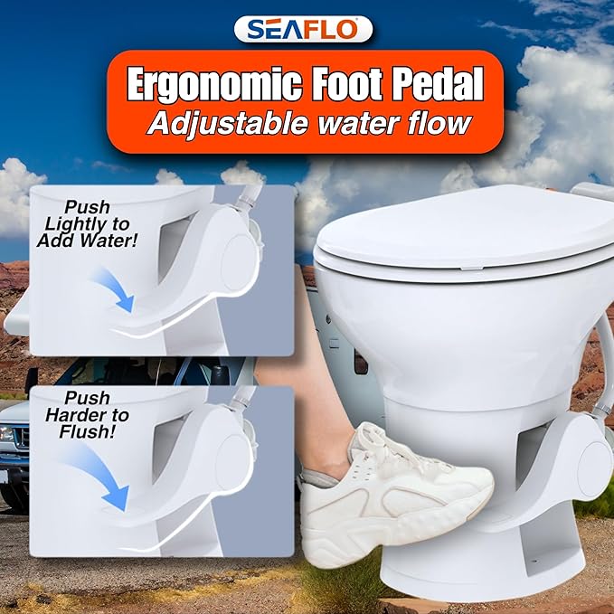 SEAFLO Ceramic Residential Height Camper/RV Toilet with Sprayer Attachment & Elongated Ceramic Bowl, 19” Standard Height, Gravity Flush System, Foot Pedal Operation, Soft Close Seat, 4-Year Warranty