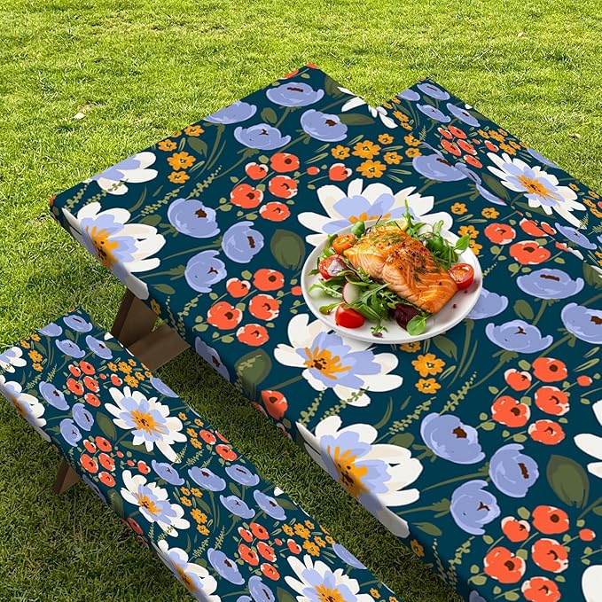 Picnic Table Cover with Bench Covers Elastic Edges, Floral Fitted Table Cover, Outdoor Patio Camping Essentials 72 Inch 3PCS, Waterproof Camping Fitted Tablecloth with Drawstring Bag