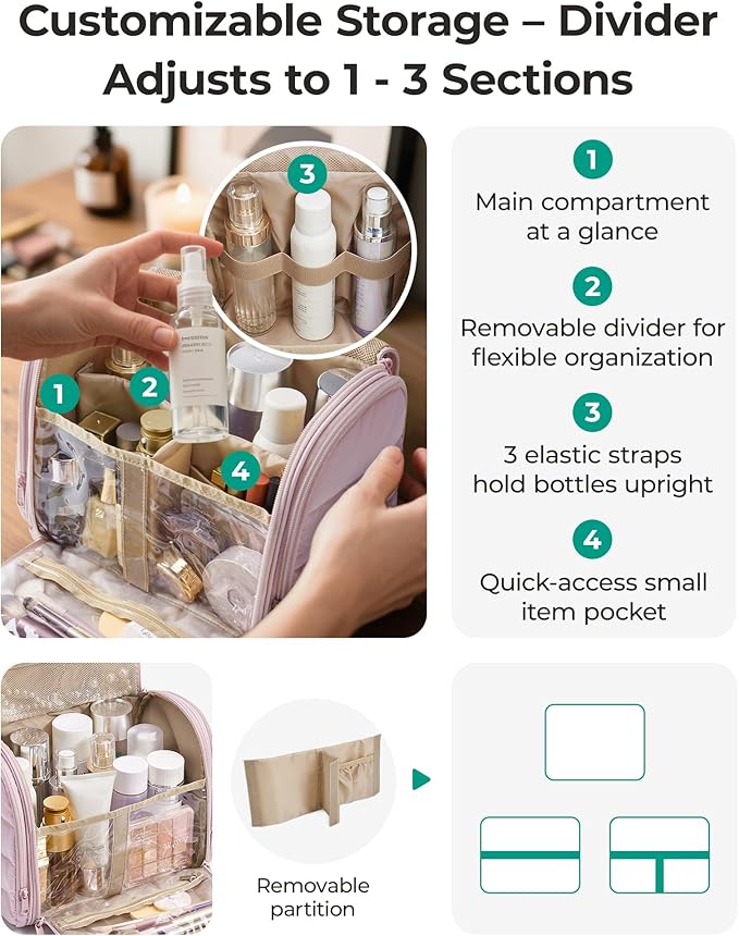 BAGSMART Toiletry Bag for Women with Hanging Hook, Puffy Water-resistant Makeup Cosmetic Bag for Accessories, Shampoo, Full-size Container, Toiletries, Beige