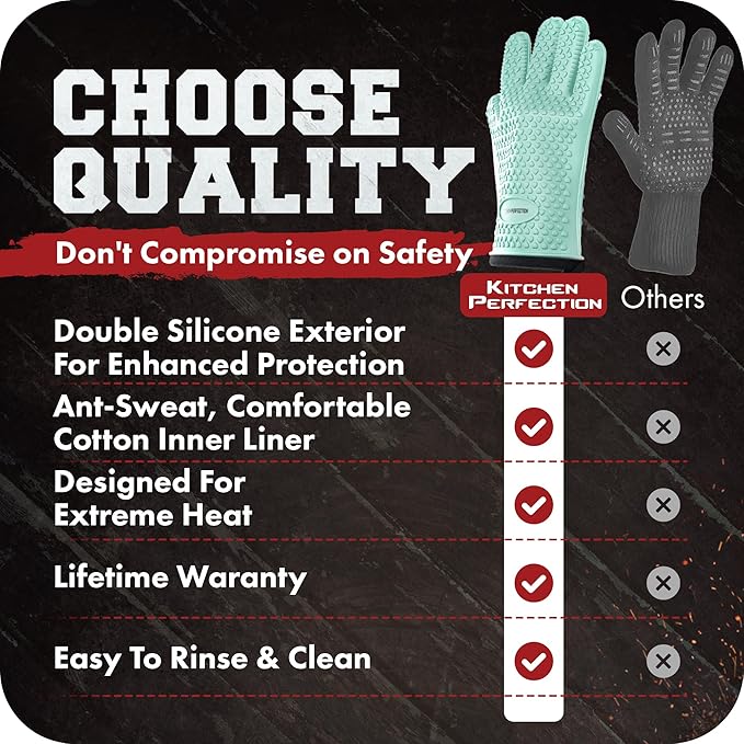 KITCHEN PERFECTION XL Silicone Smoker Oven Gloves-Extreme Heat Resistant BBQ Gloves-Handle Hot Food Right on Your Grill Fryer&Pit|Waterproof Grilling Cooking Baking Mitts|Superior Value Set+3 Bonuses