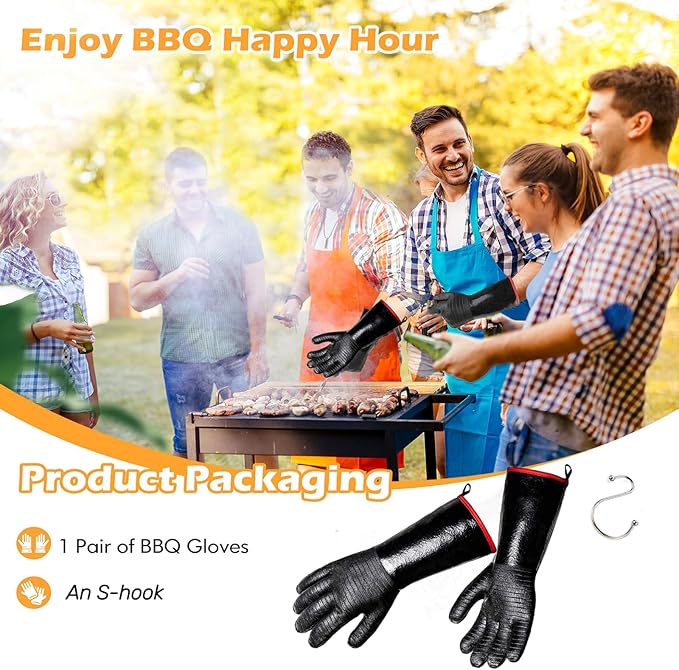 BBQ Gloves - 1472ยฐF Thicken Heat Resistant Gloves w/S-Hook 14 in Kitchen Oven Mitts Waterproof Grill Gloves Oil Resistant Grilling Gloves Cooking Gloves for Turkey Fryer/Baking/Oven/Smoker