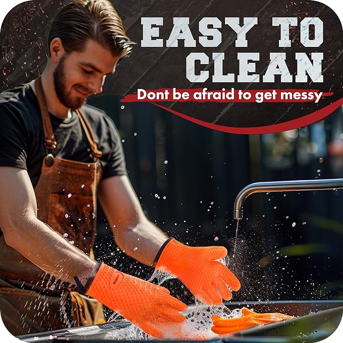 KITCHEN PERFECTION XL Silicone Smoker Oven Gloves-Extreme Heat Resistant BBQ Gloves-Handle Hot Food Right on Your Grill Fryer&Pit|Waterproof Grilling Cooking Baking Mitts|Superior Value Set+3 Bonuses