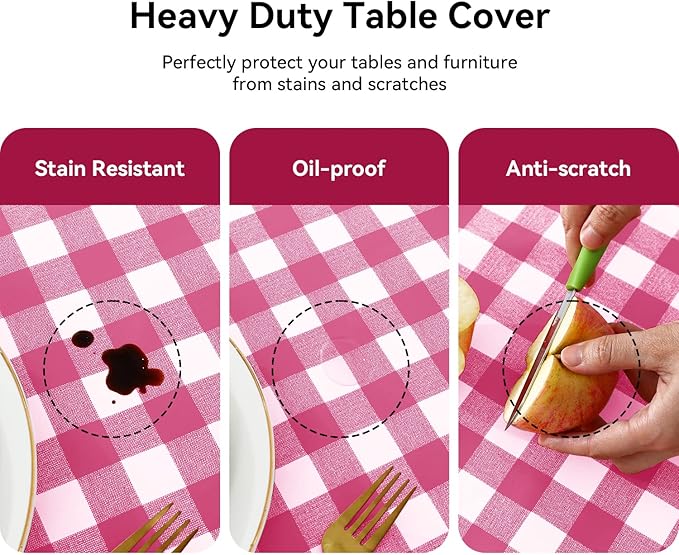 Romanstile Square Vinyl PVC Tablecloth, 100% Waterproof Buffalo Plaid Plastic Table Cloth, Oil Proof Heavy Duty Wipeable Table Covers for Dining/Camping/Picnic/Outdoor - 54 x 54, Hot Pink