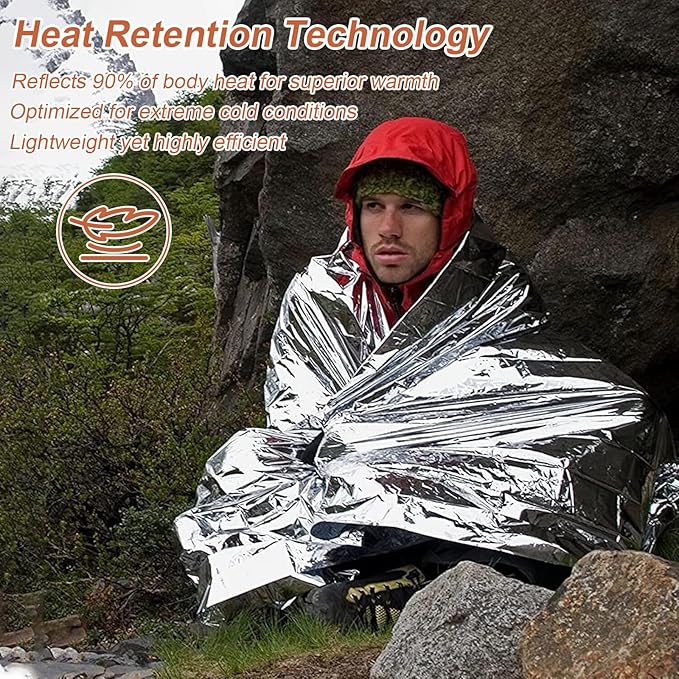 10 Pack Emergency Mylar Thermal Blankets - 63"x83" Extra Large Survival Space Blankets, Heavy Duty Reflective Camping Gear for First Aid, Hiking & Outdoor Safety (Gold-Sliver)