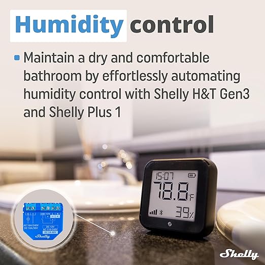 Shelly H&T Gen3 Black | Wi-Fi and Bluetooth Smart Temperature & Humidity Sensor with Remote App Control & Monitoring | Smart Scenes | Notification Alerts | LCD Display | Free Data Storage Export