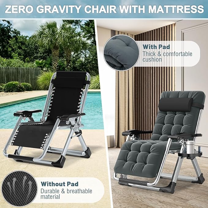 ABORON 2 Pack Zero Gravity Chair, Outdoor Lounge Chairs Sun Loungers with Removable Cushion,Headrest,Cup Holder,Reclining Patio Lounger Chair for Indoor and Outdoor
