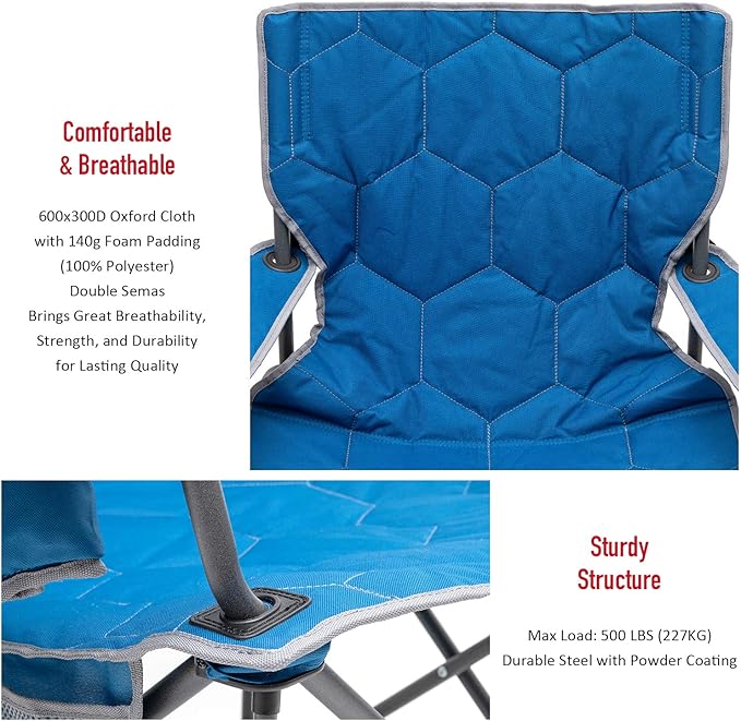 SUNNYFEEL Oversized Folding Camping Chair 500 LBS Heavy Duty Lawn Chairs with Blue Portable Folding with Armrest, Cup Holder, Pocket &Bag for Outdoor Camping/Beach/Travel/Picnic/Fishing