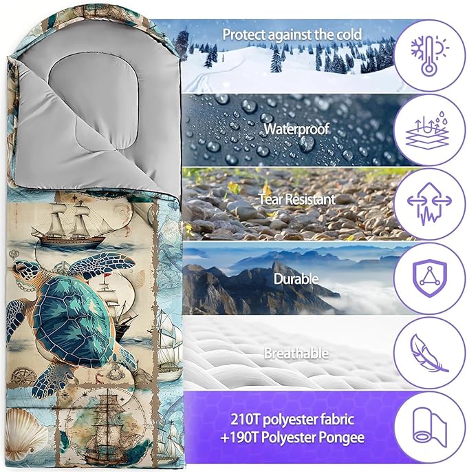 Sleeping Bags for Adults and Kids,3D Printing Camping Sleeping Bag for Girls Boys Lightweight Waterproof Cold/Warm 3-Season,Outdoor Travel with Compression Bags
