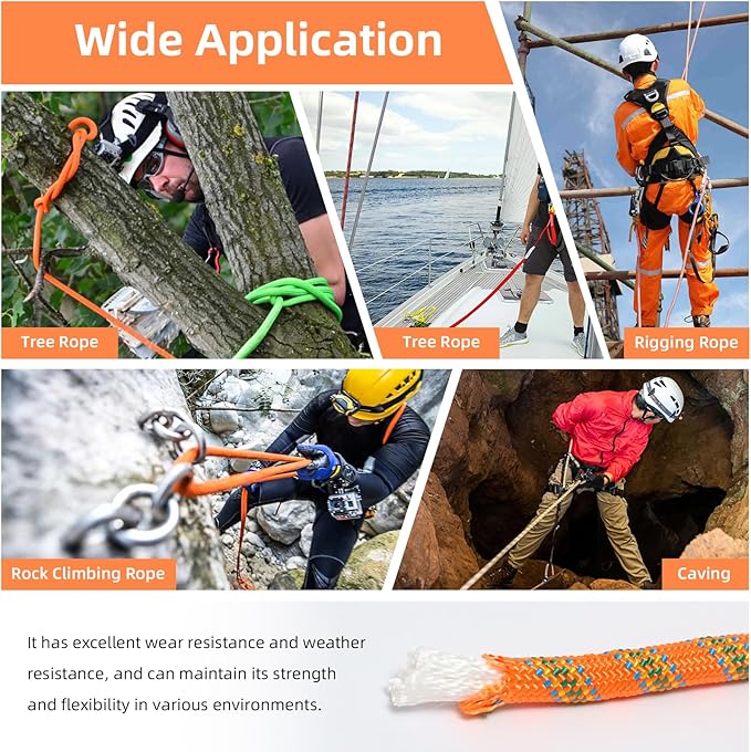 Climbing Rope, 1/2 Inch x 200 Feet Double Braided Arborist Rope Polyester for Outdoor, Climbing, Hiking, Swing, Tree Work, Halyard, Sailing etc(Orange)