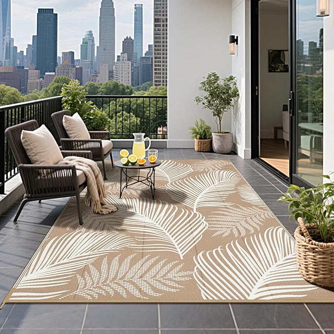 Pauwer Waterproof Outdoor Rug 5x8, Reversible Plastic Straw Patio Camping Rug, Indoor Outdoor RV Mat Carpet for Deck, Camper, Porch, Balcony, Backyard, Picnic, Leaf Brown
