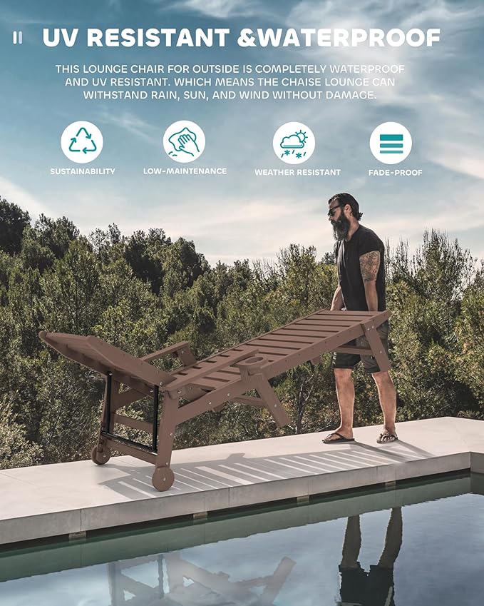 SERWALL Patio Chaise Lounge Chair Set of 2, 78'' Long 5-Positions Adjustable HDPE Outdoor Lounge Chair for Pool, Poly Lounge Chair with Rolling Wheels & Cup Holder for Poolside, Deck, Coffee Brown